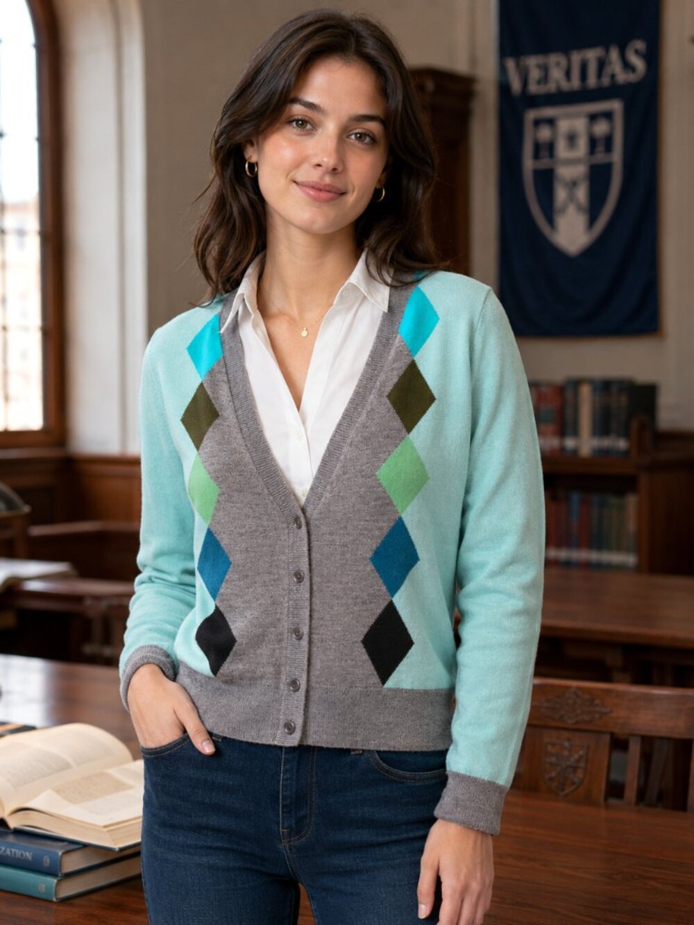Argyle Button-Front Sweater, New York & Co. Aqua Gray Teal Women's Size M - L